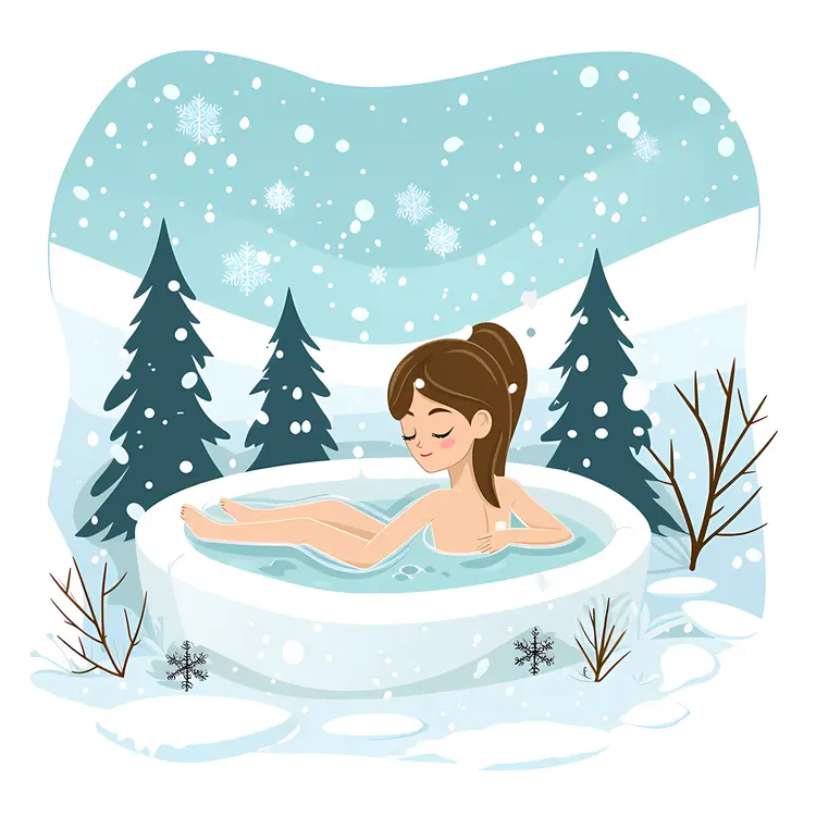 Girl Relaxing in Hot Tub During Snowfall