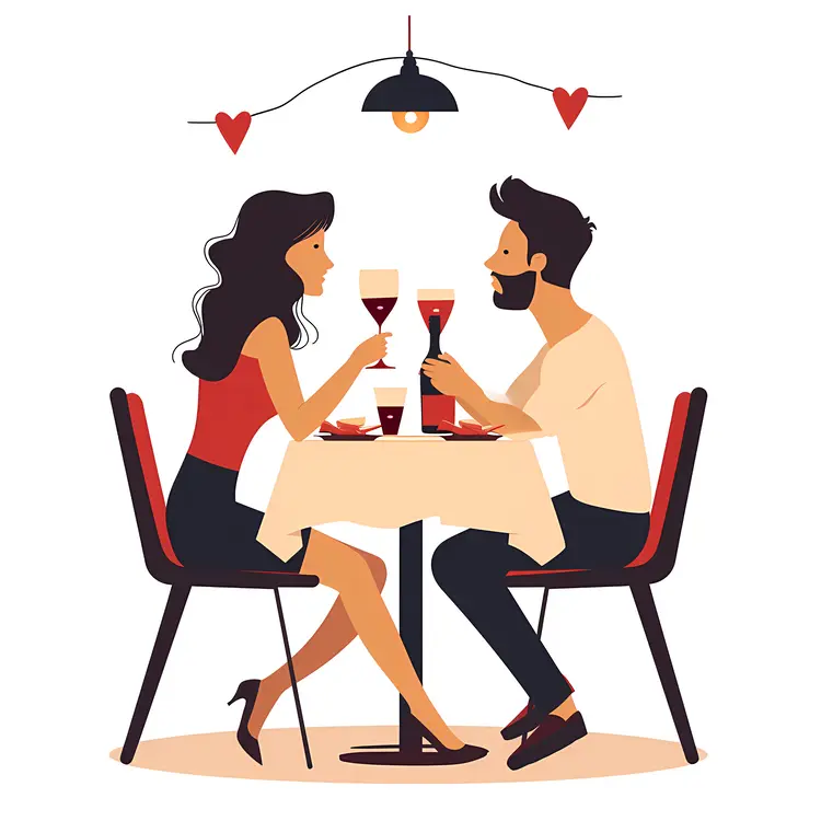 Couple Enjoying a Romantic Dinner with Wine and Hearts