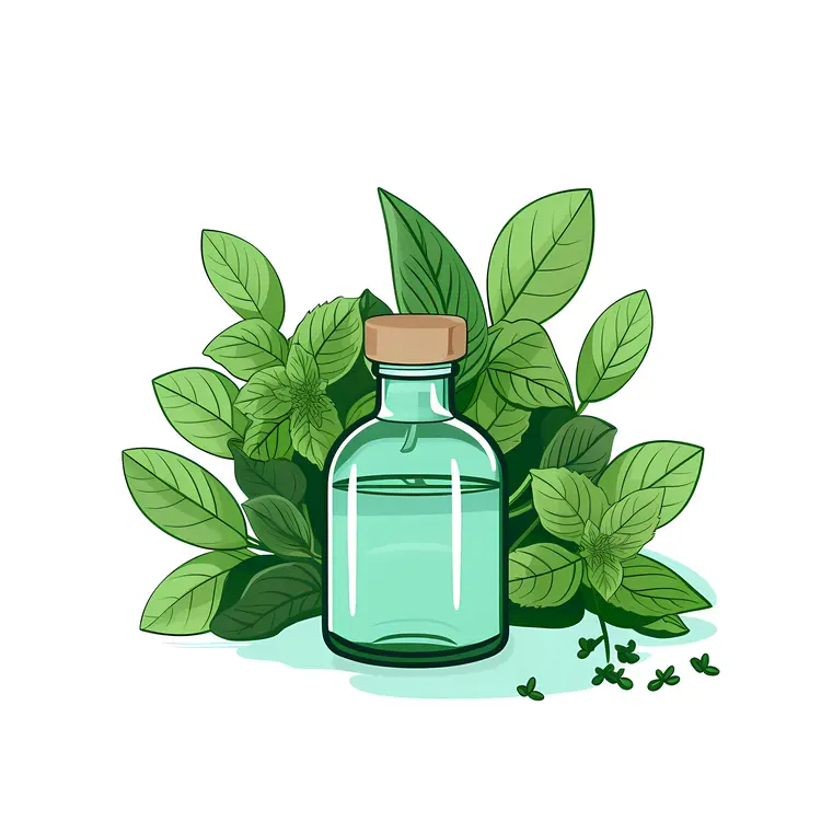 Herbal Bottle with Fresh Green Leaves