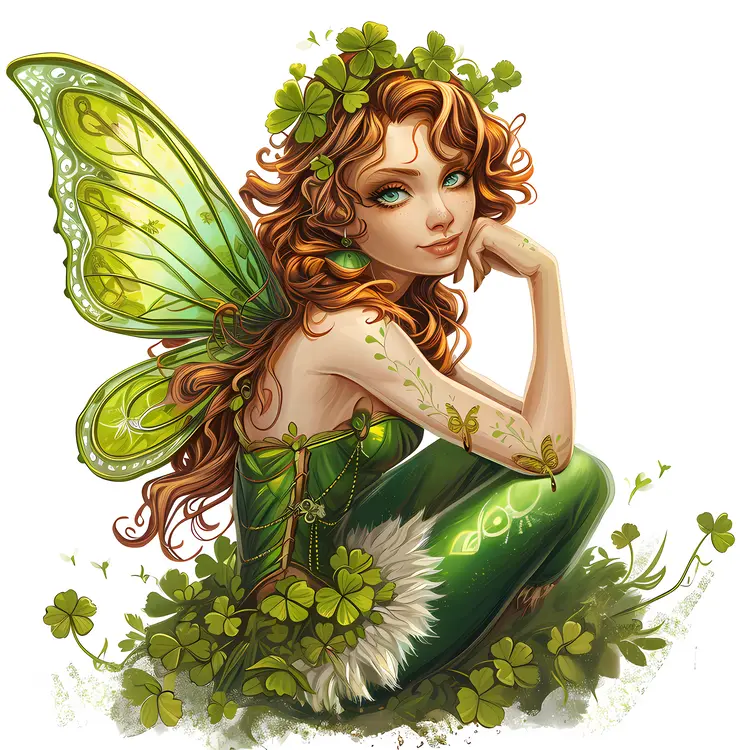 Green Fairy Sitting in Shamrock Field