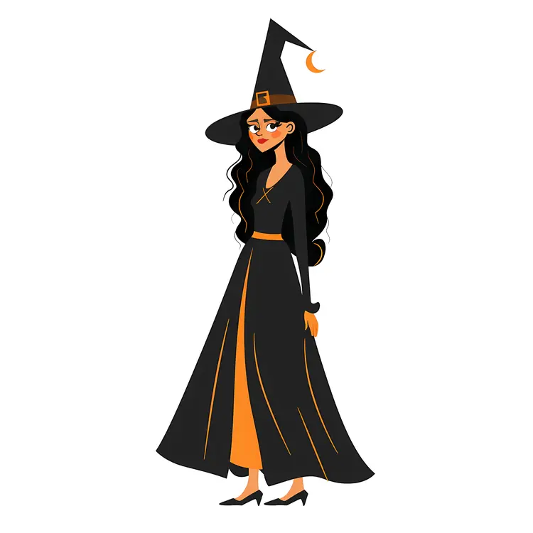 Elegant Witch in Long Black Dress