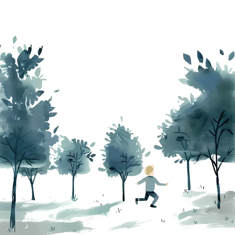 Boy Running in a Blue Forest