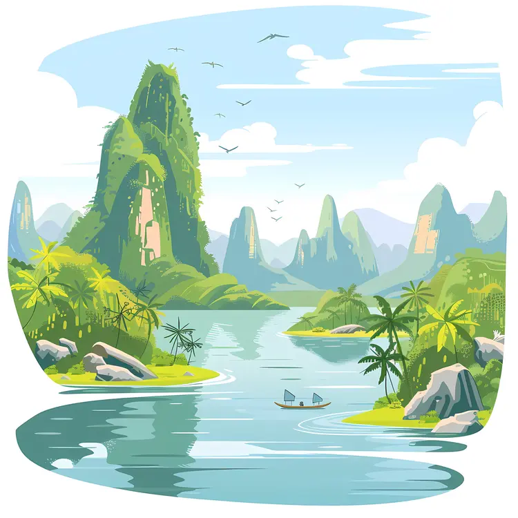 Mountain Landscape with River and Birds