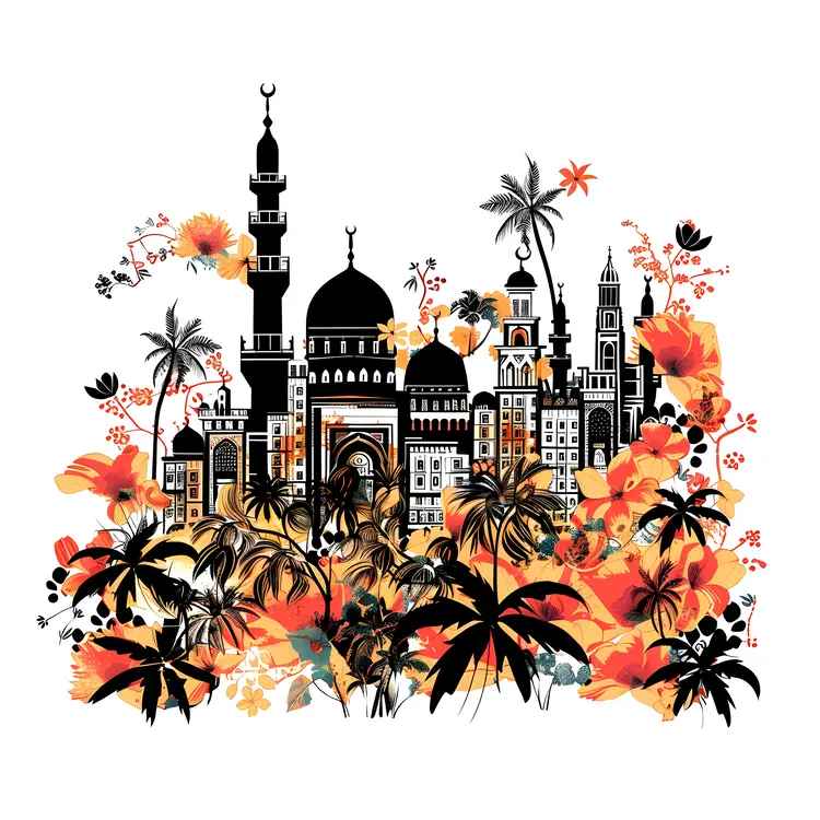 Cityscape Silhouette with Floral Elements