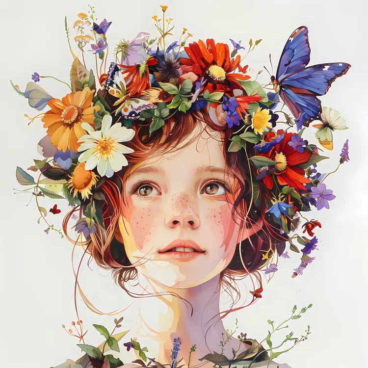 Girl with Flower Crown and Butterfly