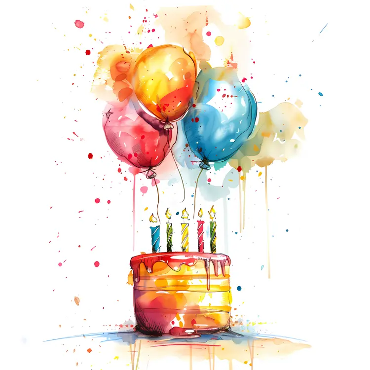 Colorful Birthday Cake with Balloons and Candles