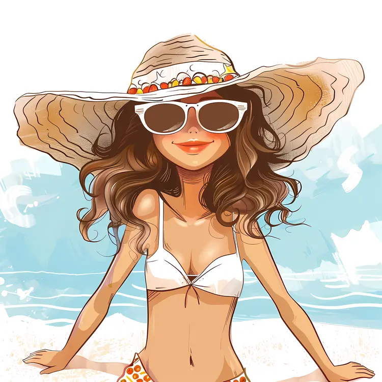 Girl with Hat and Sunglasses at Beach