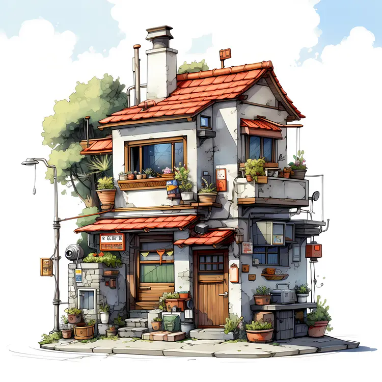 Small cute doodle house with plants and street lamp