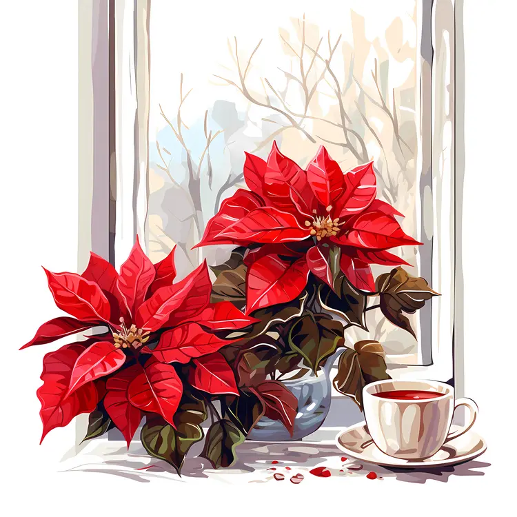 Red Poinsettia by the Window with Coffee Cup