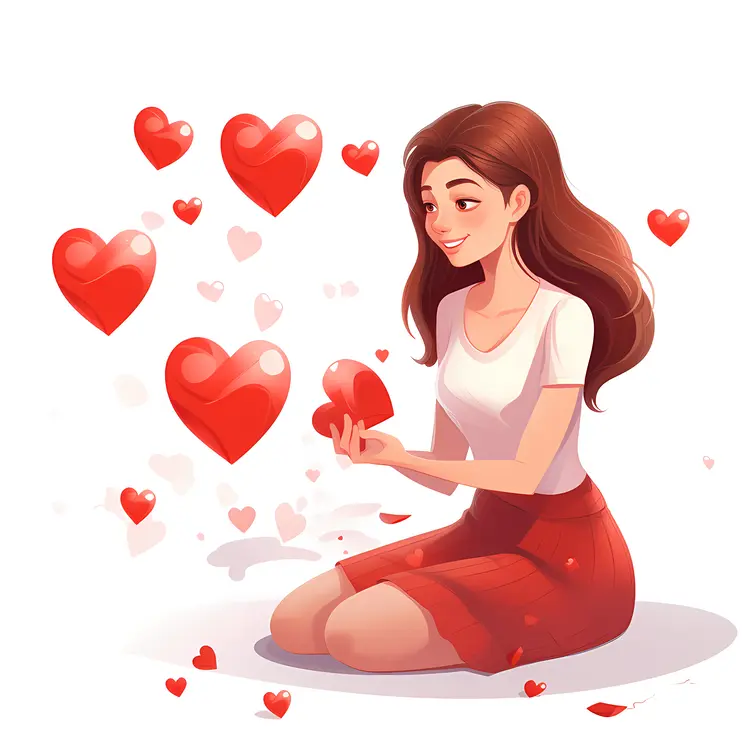 Woman Sitting with Red Hearts