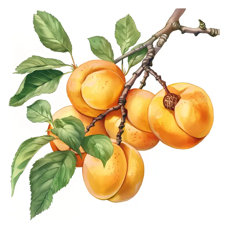 Apricots on Branch with Green Leaves