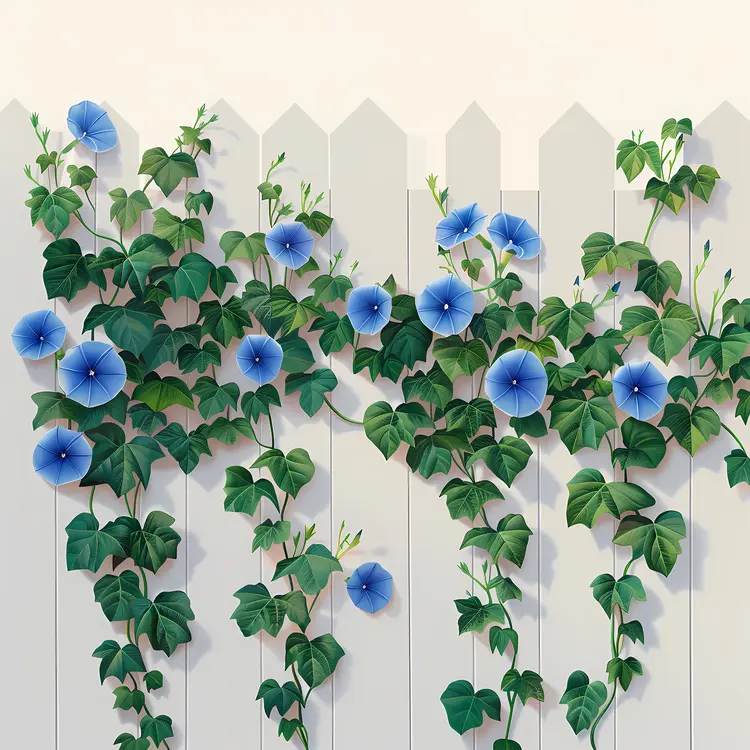 Blue Morning Glory Flowers on White Fence