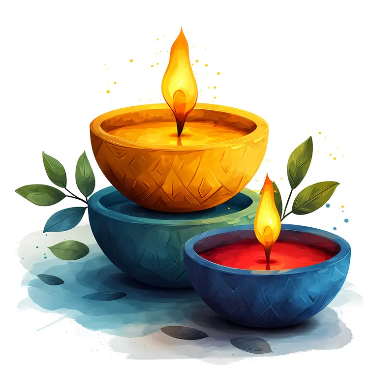 Stacked Colorful Candles in Decorative Bowls