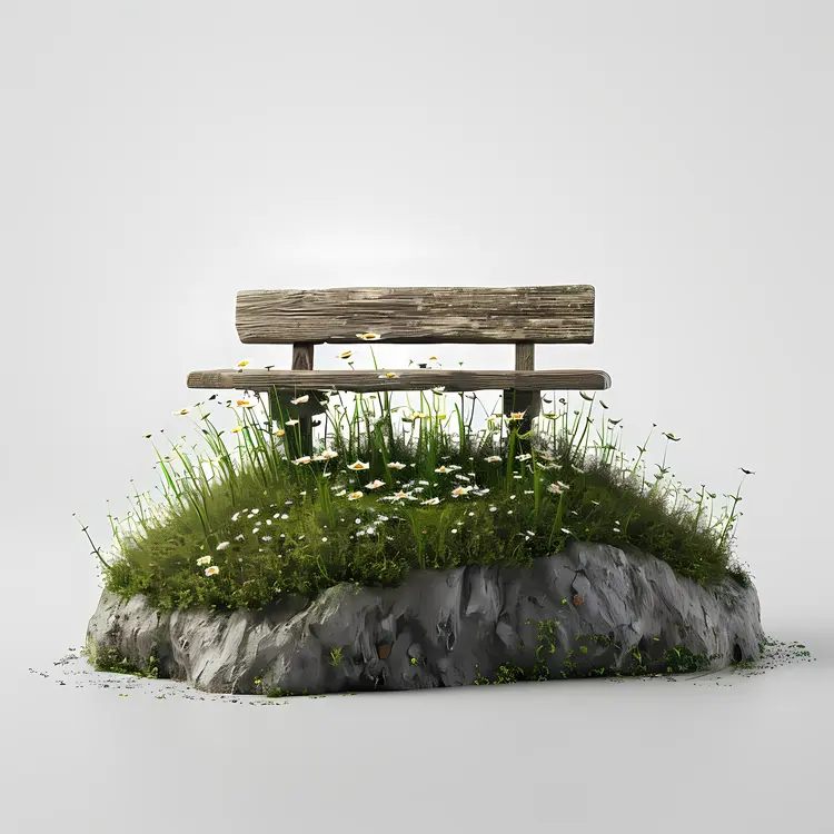 Wooden Bench on Rock with Flowers