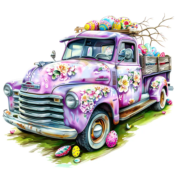 Vintage Purple Truck with Easter Eggs
