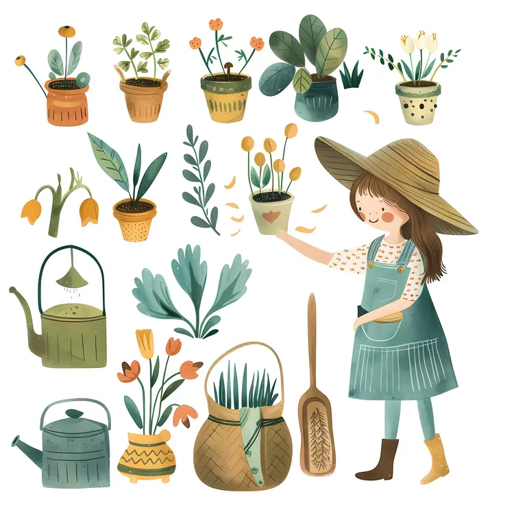 Gardener with Various Plants and Tools