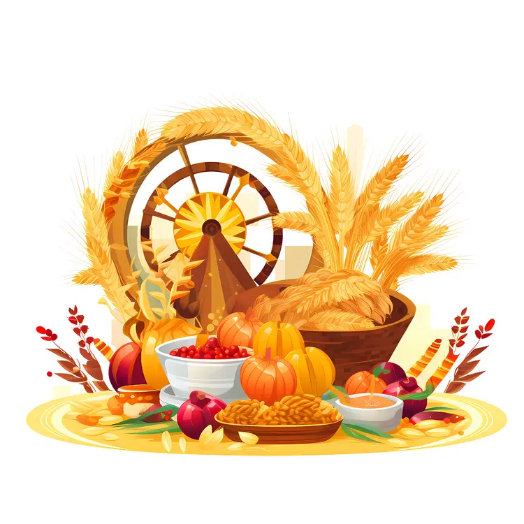 Autumn Harvest with Wheat and Pumpkins