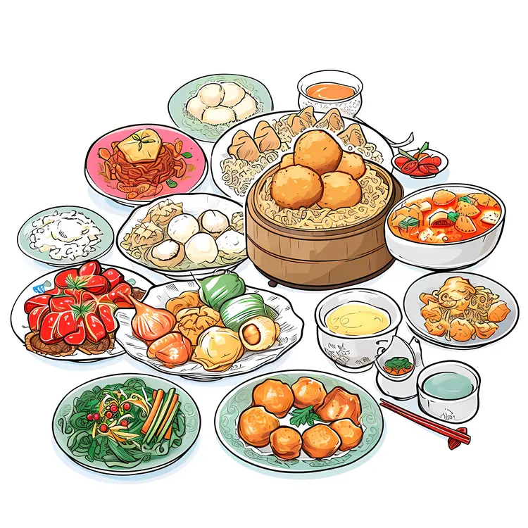 Variety of Chinese Dishes with Chopsticks