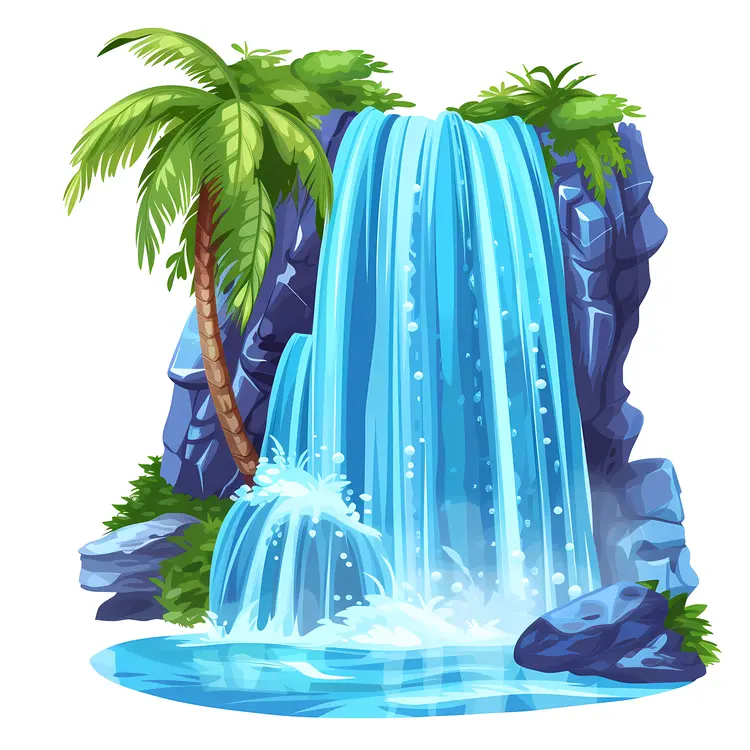 Cartoon Waterfall with Palm Trees