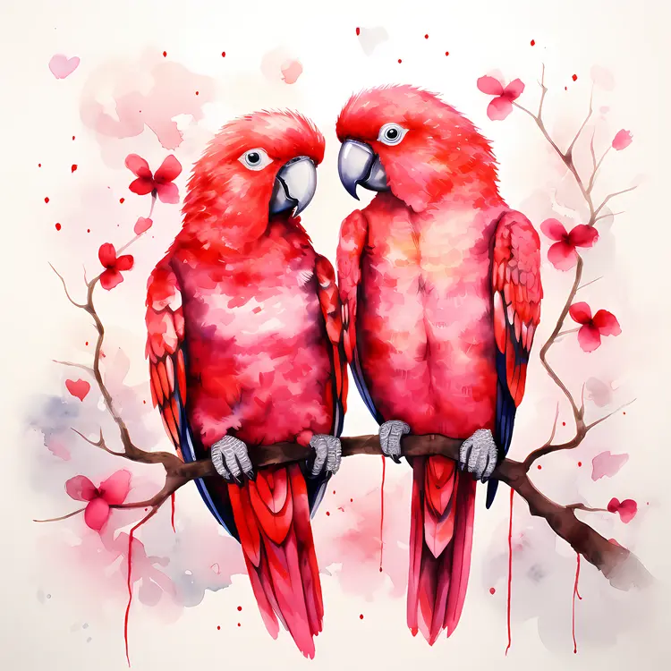Red Parrots on Branches with Butterflies