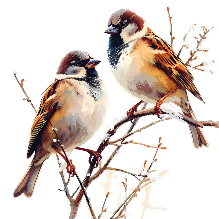 Sparrows on a Snowy Branch