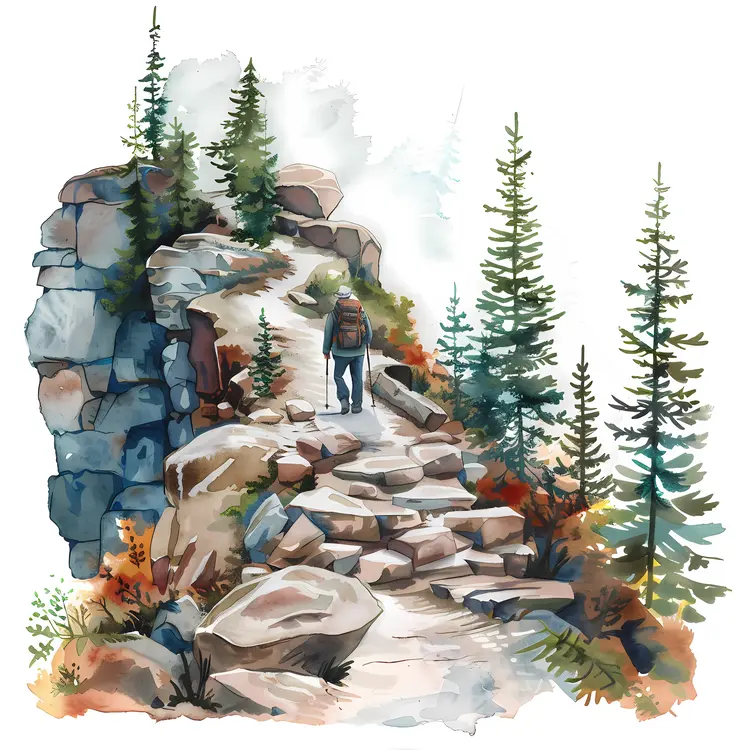 Hiker on Mountain Trail in Watercolor Style
