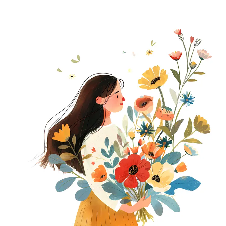 Girl Holding Flowers in Side View