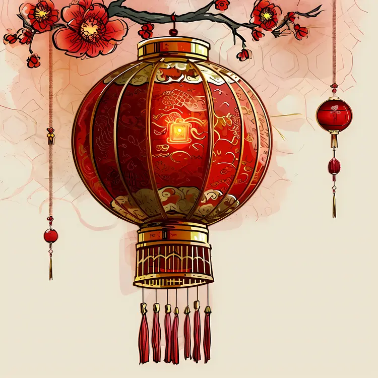 Ornate Red Lantern with Cherry Blossoms