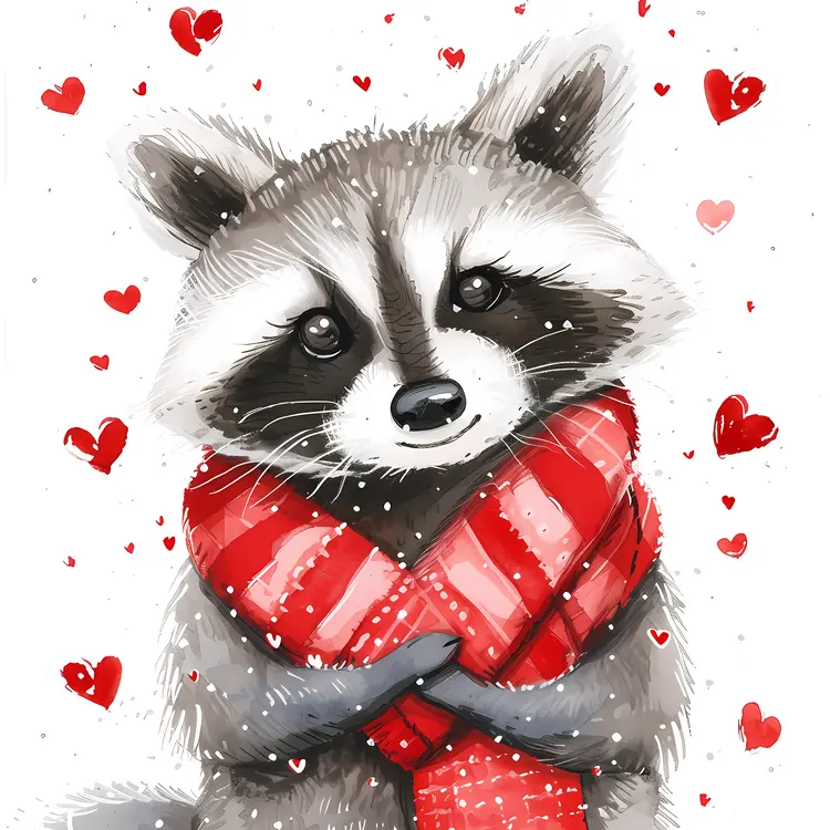 Raccoon Hugging a Red Heart Scarf