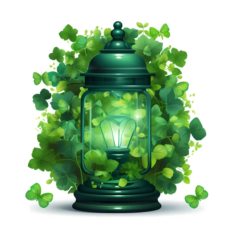 Lantern with Light Bulb and Green Leaves