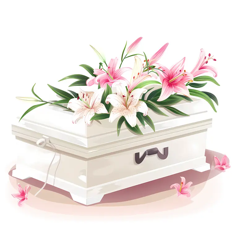 White Decorative Casket with Pink Lilies and Floral Design