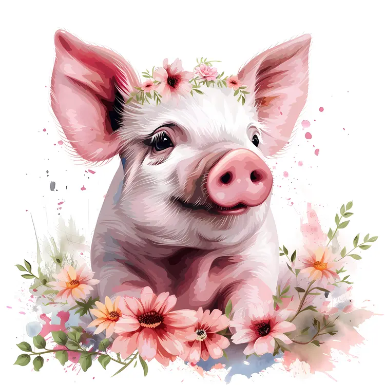 Adorable Piglet with Floral Crown