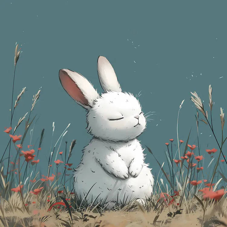Sitting White Bunny in Nature