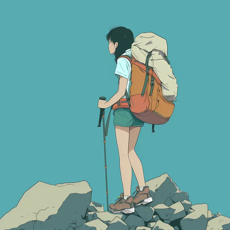 Hiker with Trekking Poles on Rocky Terrain
