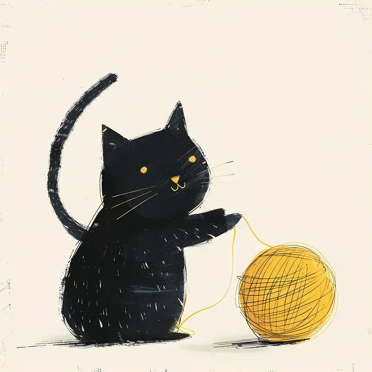 Playful Black Cat with Yellow Yarn