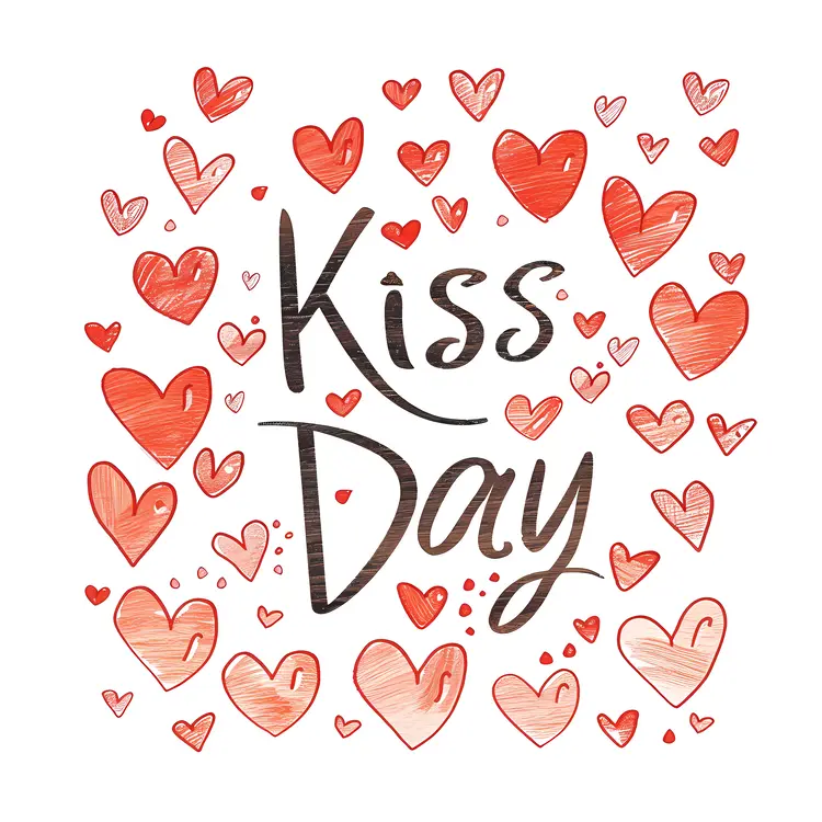 Kiss Day Text with Red Hearts