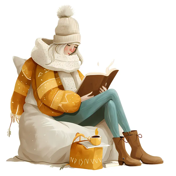 Girl Reading in Cozy Winter Clothes