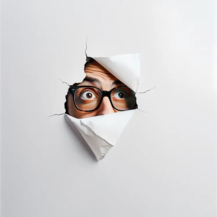Surprised Man Peeking Through Torn Paper