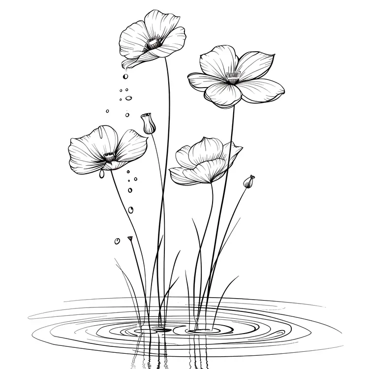 Sketch of Flowers with Water Drops