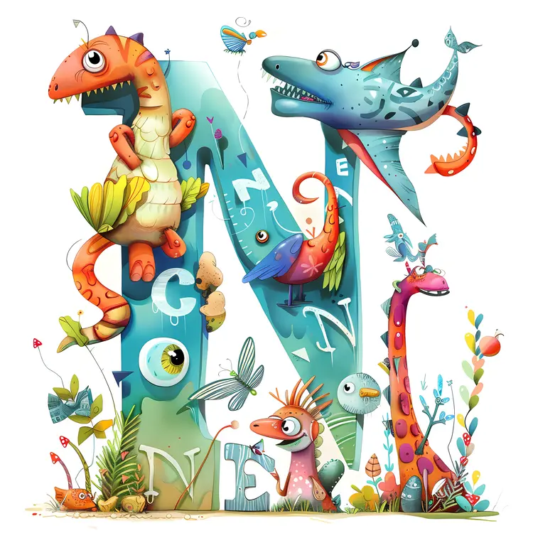 Colorful N with Creatures