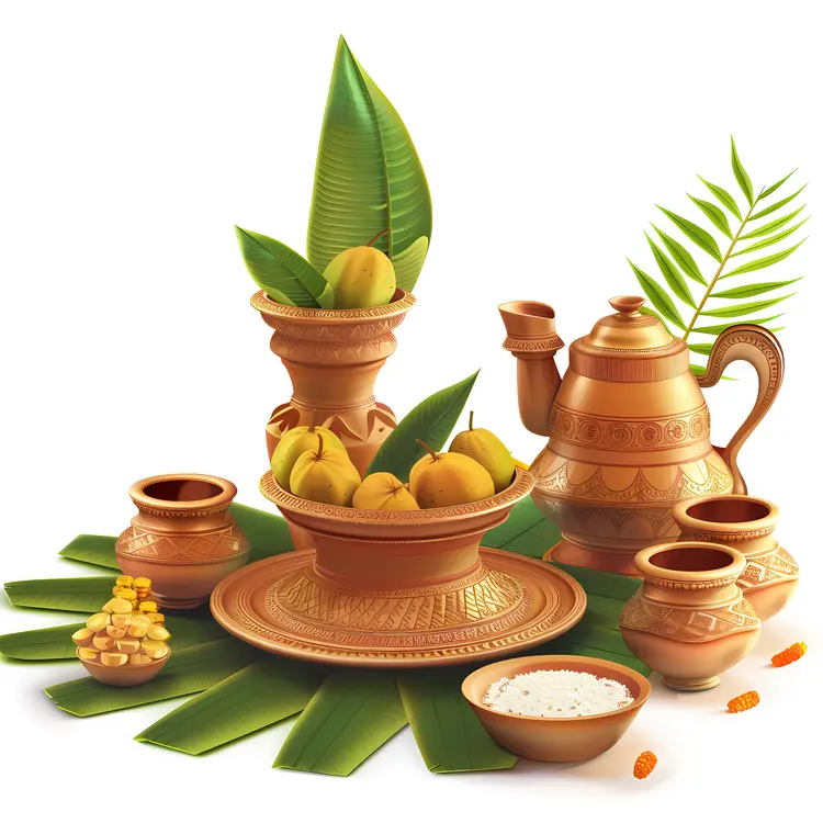 Traditional Ugadi Items with Pots and Leaves