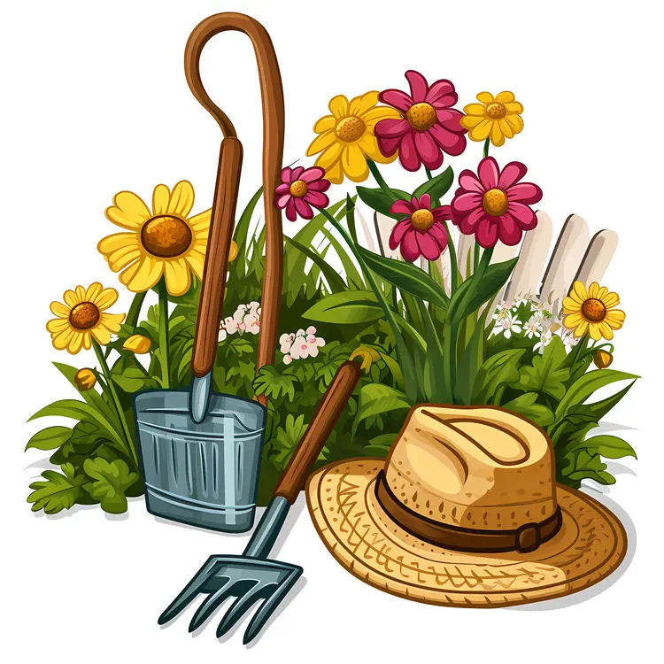 Straw Hat and Colorful Flowers with Gardening Tools