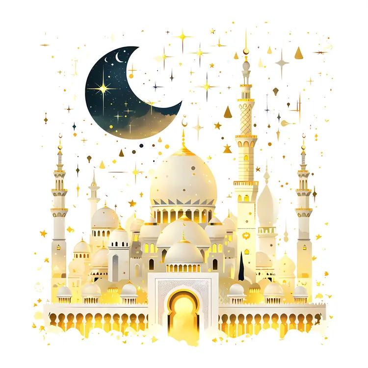 Golden Mosque with Crescent Moon and Stars