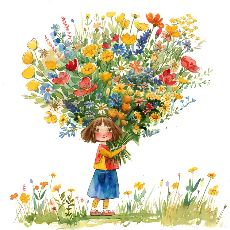Cute Girl with Colorful Flowers Illustration