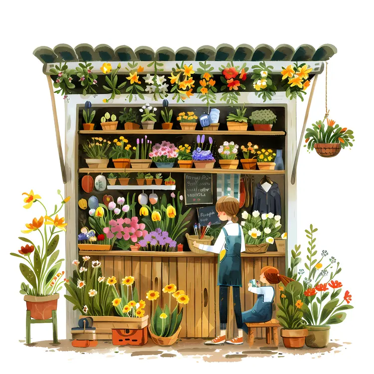 Flower Shop with People and Colorful Blooms