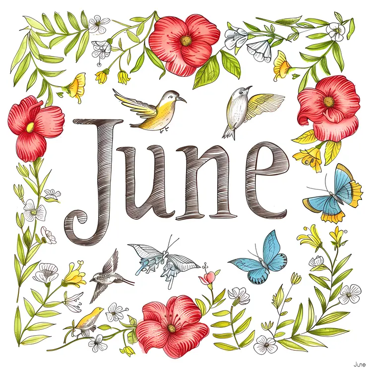 June Illustration with Flowers and Birds