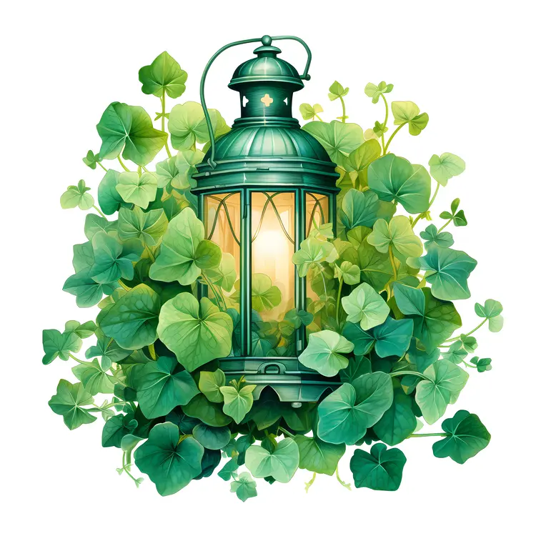 Vintage Lantern Surrounded by Green Leaves
