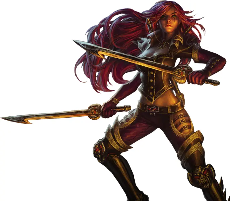 Armored Female Warrior with Dual Swords