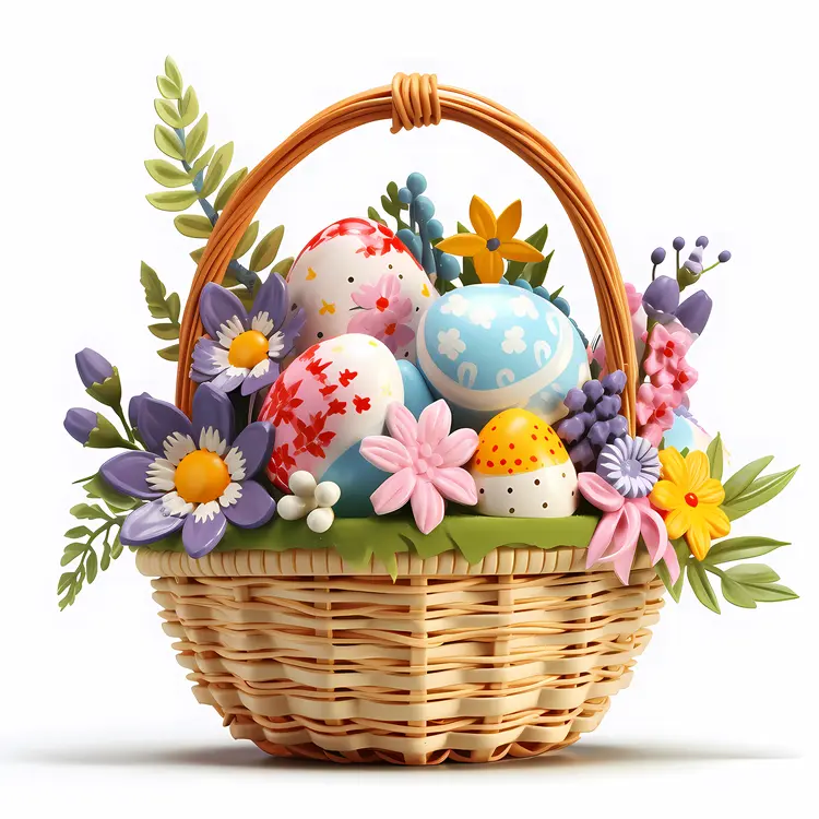 Colorful Easter Basket with Eggs and Flowers