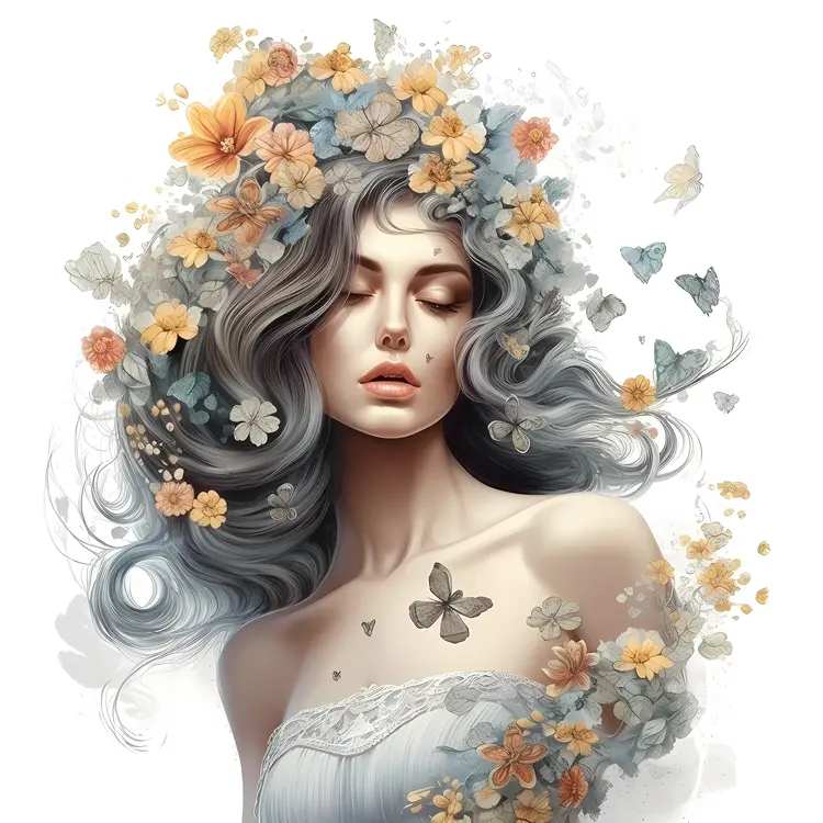 Beautiful Woman with Flowers and Butterflies